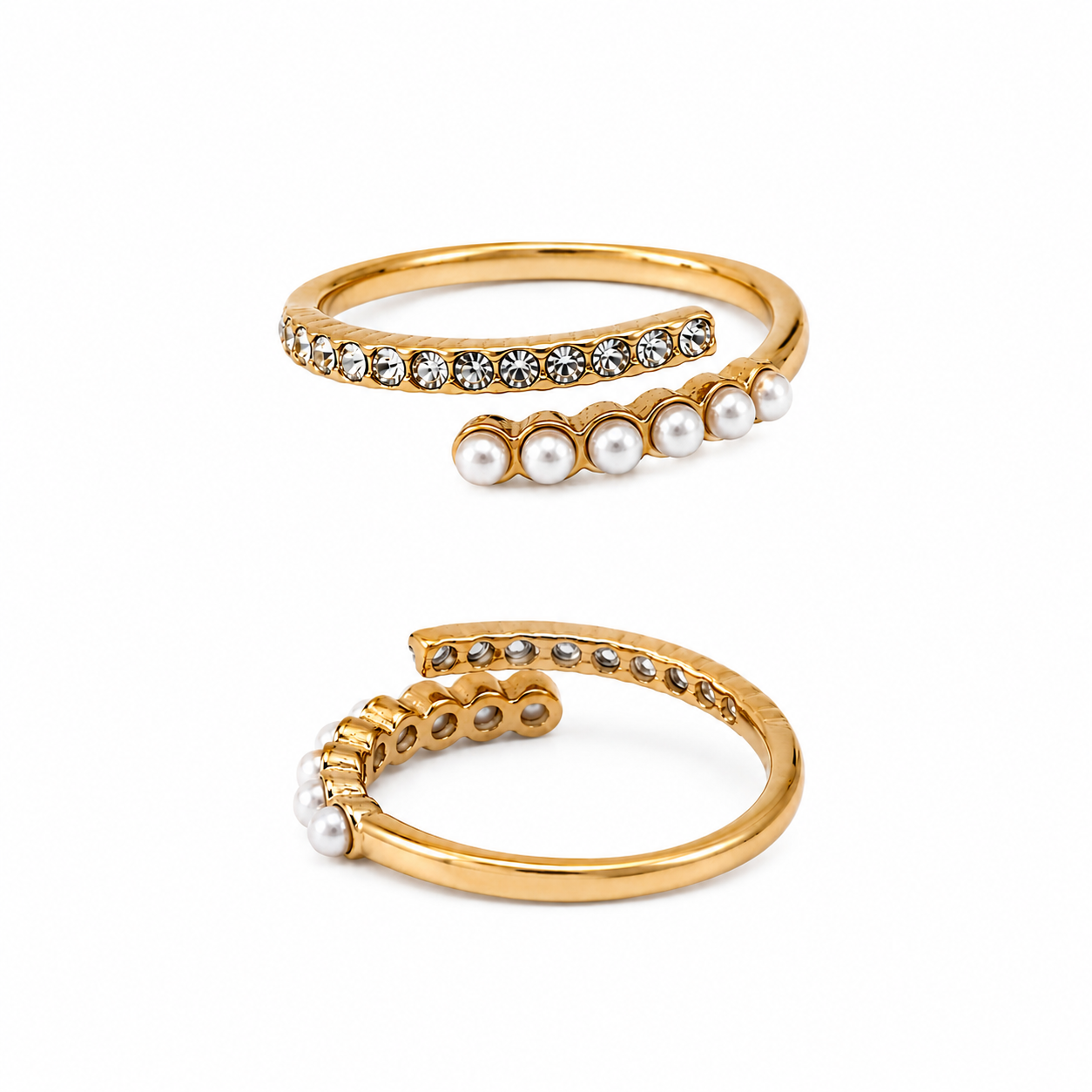 Perlen x Kristall Spiralring | 18K Vergoldet