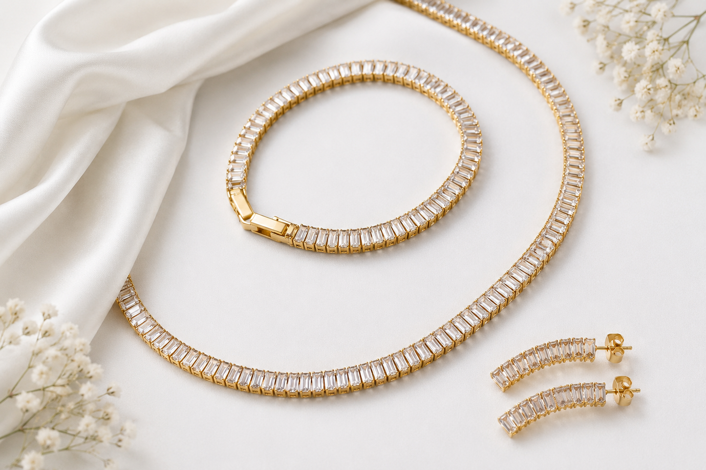 Baguette Tennis Set – Halskette, Armband & Ohrringe
