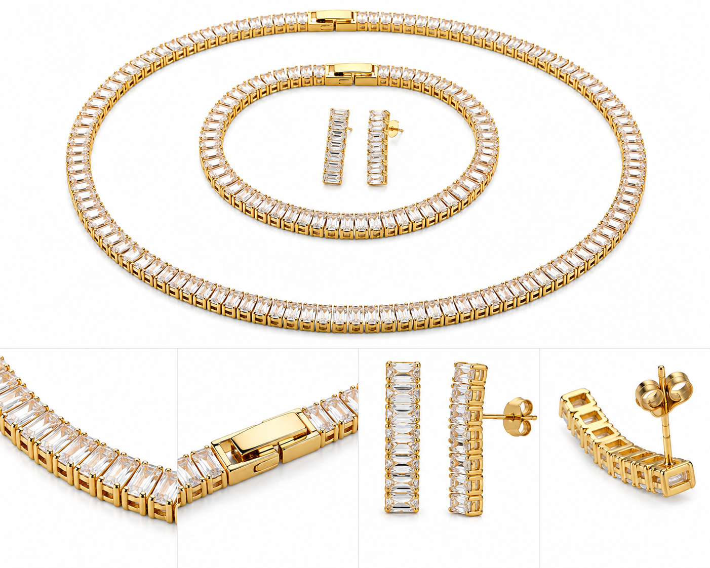 Baguette Tennis Set – Halskette, Armband & Ohrringe